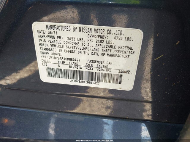 Aukcja sprzedaży 2012 Infiniti G25x, vin: JN1DV6AR1CM860427, numer aukcji: 45742425