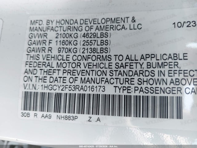 1HGCY2F53RA016173 Honda Accord Hybrid Sport