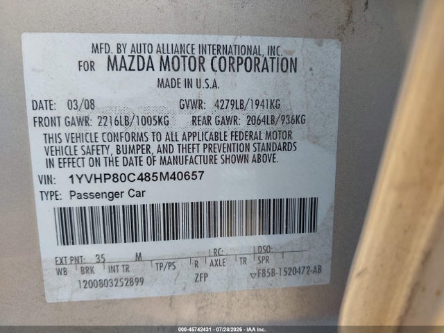 Aukcja sprzedaży 2008 Mazda Mazda6 I Touring, vin: 1YVHP80C485M40657, numer aukcji: 45742431
