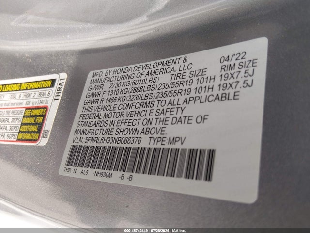 Honda Odyssey Elite 2022 5FNRL6H93NB066376 Image 9