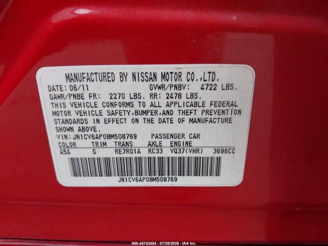 Продажа на аукционе авто 2011 Infiniti G37 Journey, vin: JN1CV6AP0BM508769, номер лота: 45742454