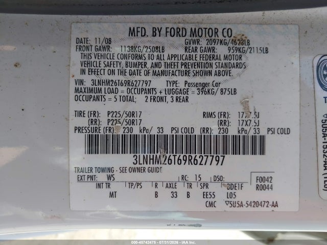 Продажа на аукционе авто 2009 Lincoln Mkz, vin: 3LNHM26T69R627797, номер лота: 45742475
