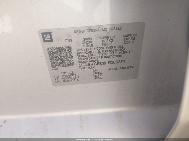 Aukcja sprzedaży 2020 Chevrolet Suburban 4wd Ls, vin: 1GNSKGEC8LR106234, numer aukcji: 45742485