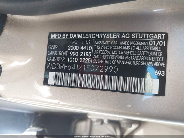 45742499 :رقم المزاد ، WDBRF64J21F072990 vin ، 2001 Mercedes-benz C 320 مزاد بيع