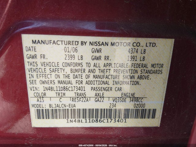45742500 :رقم المزاد ، 1N4BL11D86C173401 vin ، 2006 Nissan Altima 3.5 Se مزاد بيع