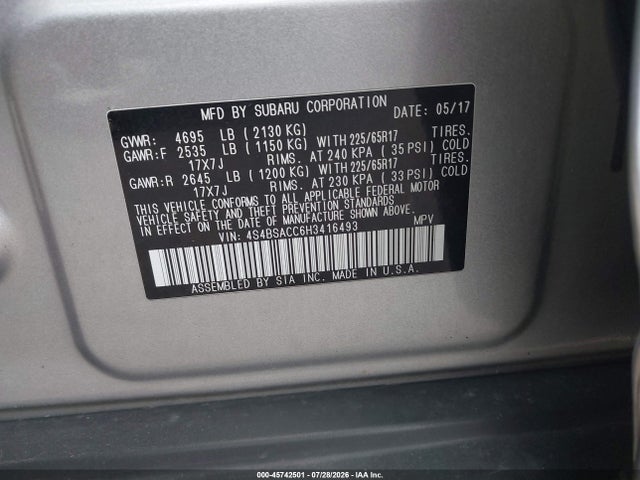Продажа на аукционе авто 2017 Subaru Outback 2.5i Premium, vin: 4S4BSACC6H3416493, номер лота: 45742501