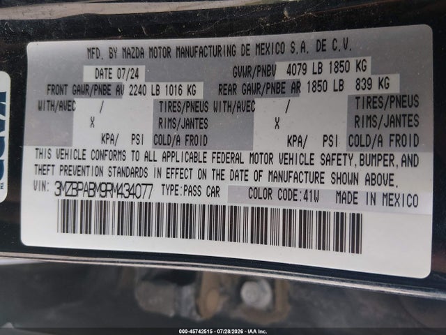 2024 Mazda Mazda3 2.5 S Select Sport მანქანა იყიდება აუქციონზე, vin: 3MZBPABM9RM434077, აუქციონის ნომერი: 45742515