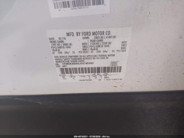 2018 Ford Explorer მანქანა იყიდება აუქციონზე, vin: 1FM5K8B88JGC45392, აუქციონის ნომერი: 45742521