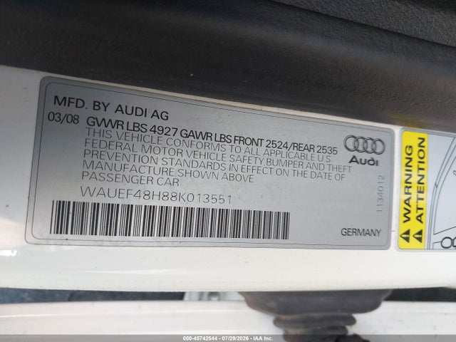 Aukcja sprzedaży 2008 Audi A4 2.0t, vin: WAUEF48H88K013551, numer aukcji: 45742544