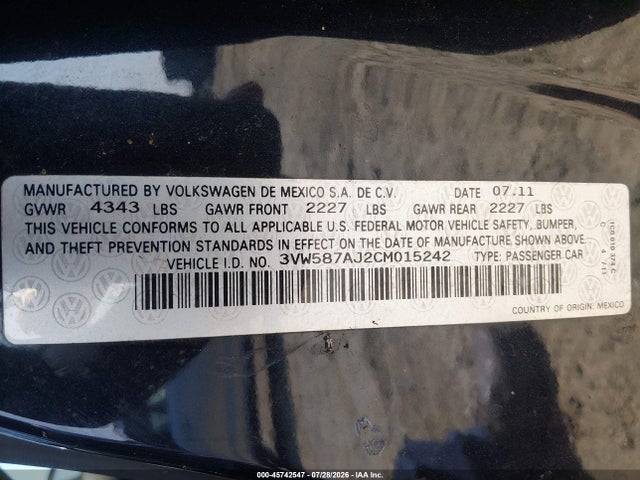 2012 Volkswagen Jetta Gli Autobahn მანქანა იყიდება აუქციონზე, vin: 3VW587AJ2CM015242, აუქციონის ნომერი: 45742547