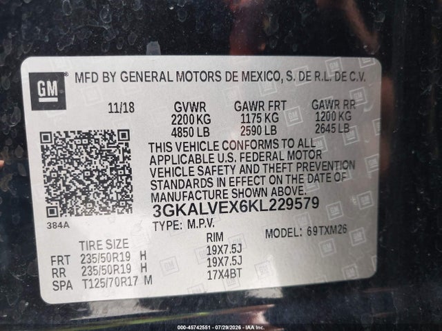2019 Gmc Terrain Slt მანქანა იყიდება აუქციონზე, vin: 3GKALVEX6KL229579, აუქციონის ნომერი: 45742551
