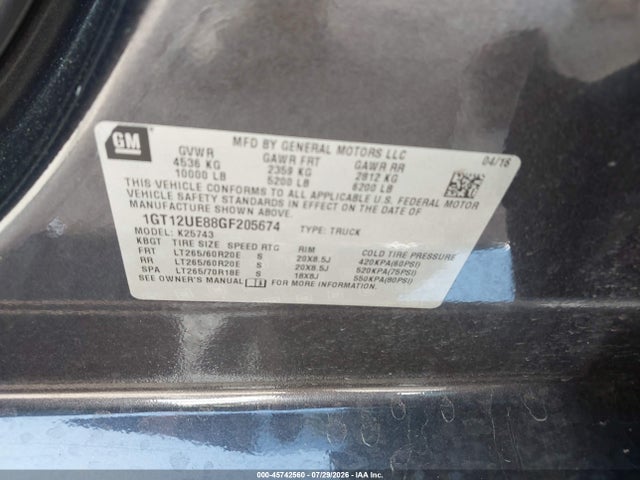 Aukcja sprzedaży 2016 Gmc Sierra 2500hd Denali, vin: 1GT12UE88GF205674, numer aukcji: 45742560