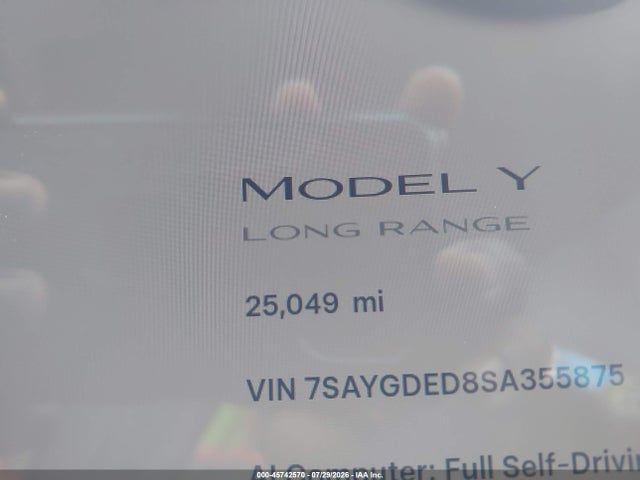 45742570 :رقم المزاد ، 7SAYGDED8SA355875 vin ، 2025 Tesla Model Y Long Range Dual Motor Rear-wheel Drive مزاد بيع