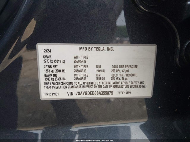 45742570 :رقم المزاد ، 7SAYGDED8SA355875 vin ، 2025 Tesla Model Y Long Range Dual Motor Rear-wheel Drive مزاد بيع