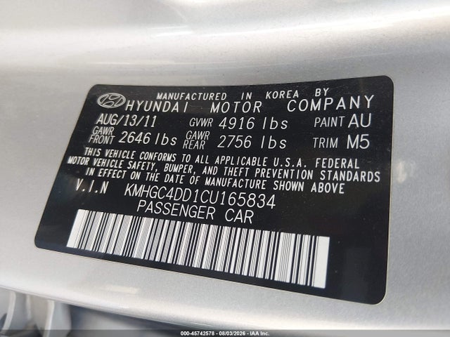 Aukcja sprzedaży 2012 Hyundai Genesis 3.8, vin: KMHGC4DD1CU165834, numer aukcji: 45742578