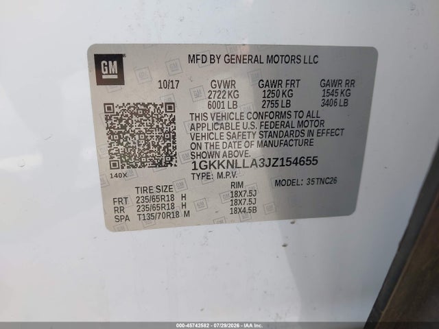 45742582 :رقم المزاد ، 1GKKNLLA3JZ154655 vin ، 2018 Gmc Acadia Sle-2 مزاد بيع
