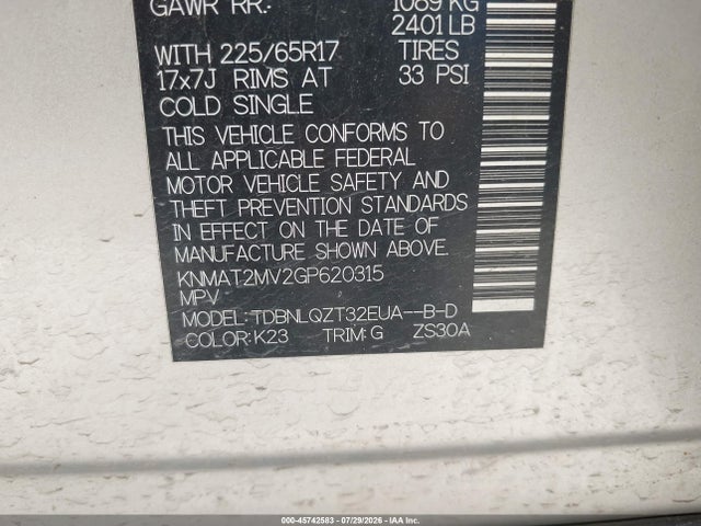 Aukcja sprzedaży 2016 Nissan Rogue Sv, vin: KNMAT2MV2GP620315, numer aukcji: 45742583