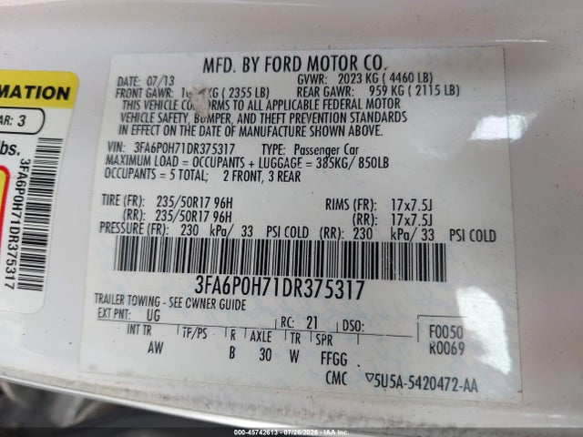 45742613 :رقم المزاد ، 3FA6P0H71DR375317 vin ، 2013 Ford Fusion Se مزاد بيع