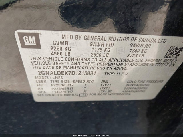 Auction sale of the 2013 Chevrolet Equinox Lt, vin: 2GNALDEK7D1215891, lot number: 45742619
