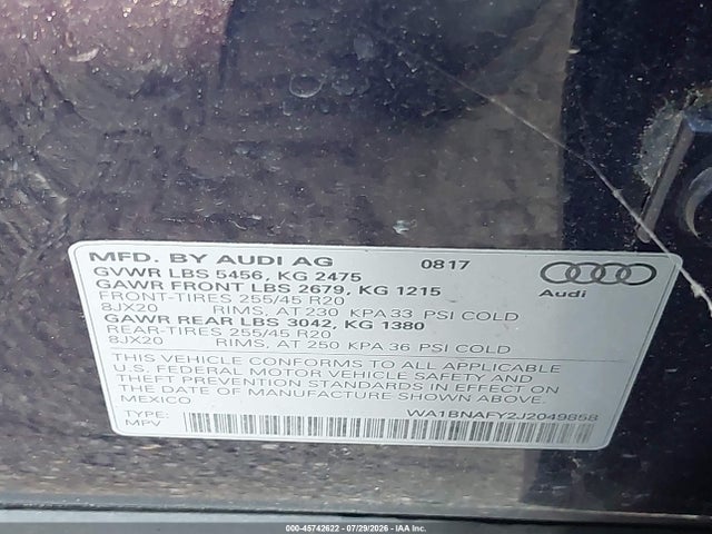 2018 Audi Q5 2.0t Premium/2.0t Tech Premium მანქანა იყიდება აუქციონზე, vin: WA1BNAFY2J2049858, აუქციონის ნომერი: 45742622