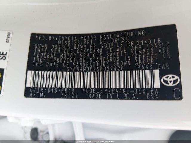 45742625 :رقم المزاد ، 5YFB4MDE8SP327426 vin ، 2025 Toyota Corolla Le مزاد بيع