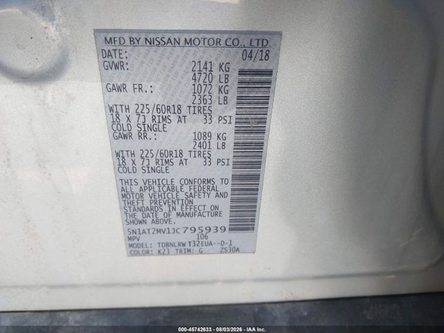 Aukcja sprzedaży 2018 Nissan Rogue Sl, vin: 5N1AT2MV1JC795939, numer aukcji: 45742633