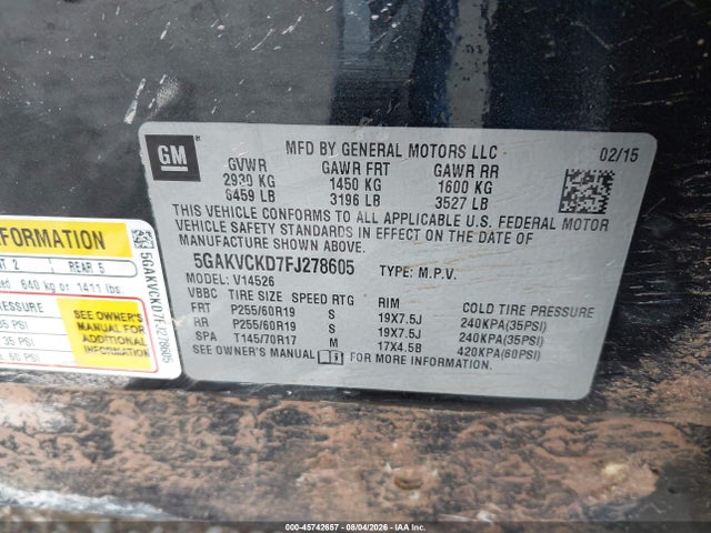 45742657 :رقم المزاد ، 5GAKVCKD7FJ278605 vin ، 2015 Buick Enclave Premium مزاد بيع