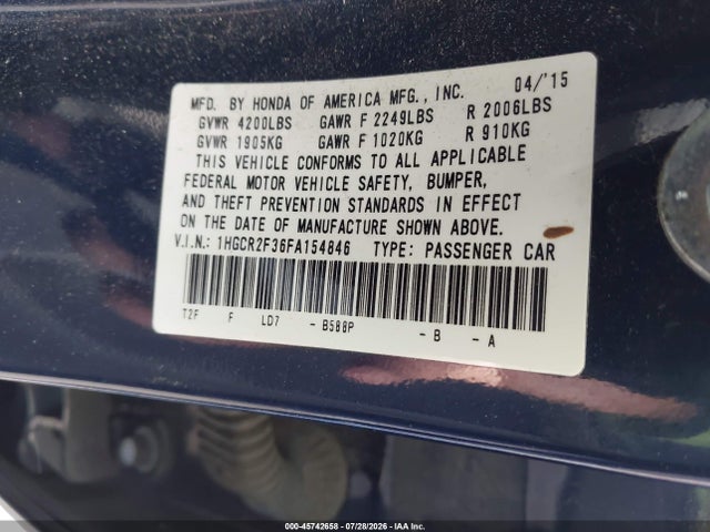 Honda ACCORD LX 2015 1HGCR2F36FA154846 Image 9