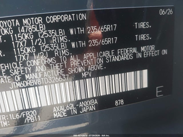 Продажа на аукционе авто 2026 Toyota Rav4 Le, vin: JTM6DRBV8TD326637, номер лота: 45742670