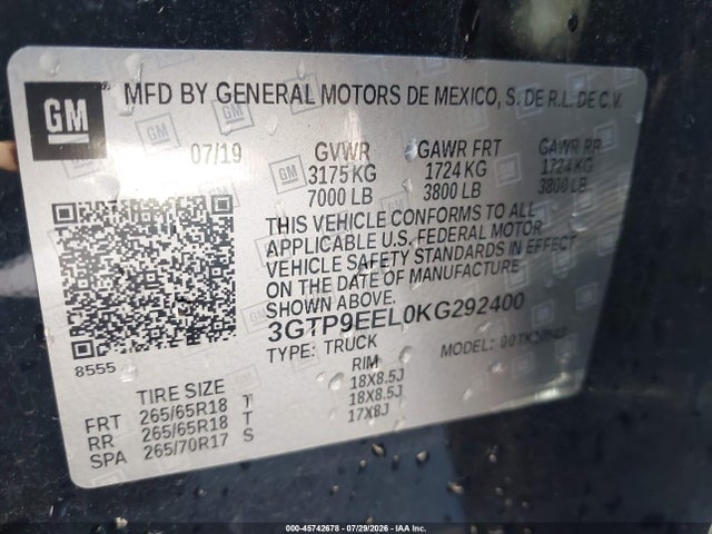 45742678 :رقم المزاد ، 3GTP9EEL0KG292400 vin ، 2019 Gmc Sierra 1500 At4 مزاد بيع