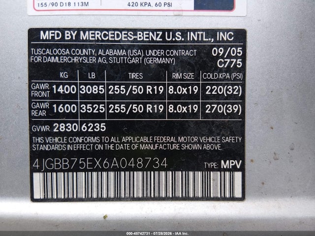 2006 Mercedes-benz Ml 500 4matic მანქანა იყიდება აუქციონზე, vin: 4JGBB75EX6A048734, აუქციონის ნომერი: 45742731