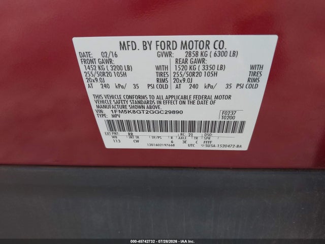 Ford EXPLORER SPORT 2016 1FM5K8GT2GGC29890 Image 9