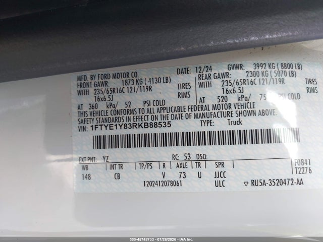 45742733 :رقم المزاد ، 1FTYE1Y83RKB88535 vin ، 2024 Ford Transit-150 مزاد بيع