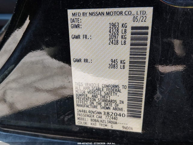 45742743 :رقم المزاد ، 1N4BL4DV5NN382040 vin ، 2022 Nissan Altima Sv Fwd مزاد بيع