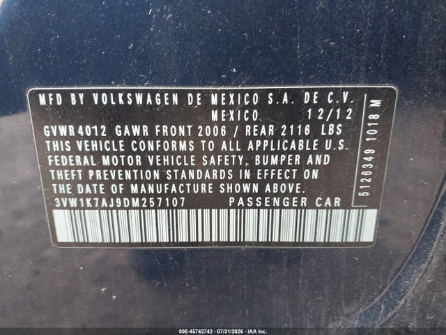 45742742 :رقم المزاد ، 3VW1K7AJ9DM257107 vin ، 2013 Volkswagen Jetta 2.0l S مزاد بيع