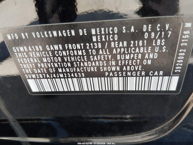 45742749 :رقم المزاد ، 3VW2B7AJ4JM234639 vin ، 2018 Volkswagen Jetta 1.4t S مزاد بيع