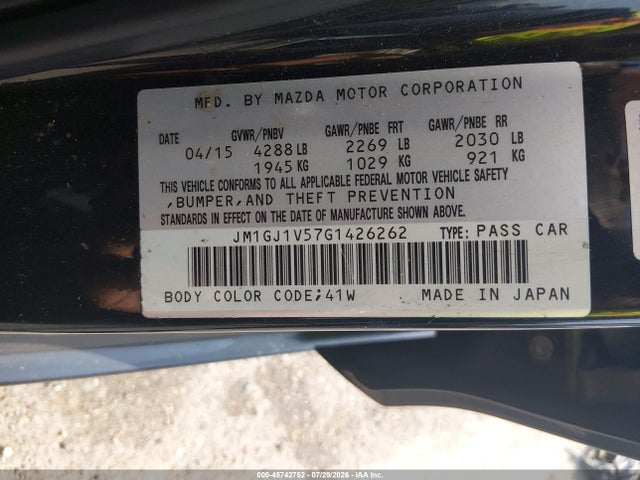 45742752 :رقم المزاد ، JM1GJ1V57G1426262 vin ، 2016 Mazda Mazda6 I Touring مزاد بيع