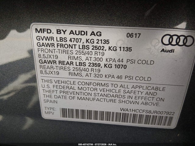 Aukcja sprzedaży 2018 Audi Q3 2.0t Premium/2.0t Sport Premium, vin: WA1HCCFS8JR007922, numer aukcji: 45742756