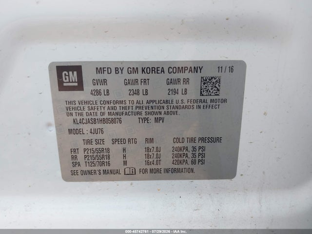 Aukcja sprzedaży 2017 Buick Encore Preferred, vin: KL4CJASB1HB058076, numer aukcji: 45742761