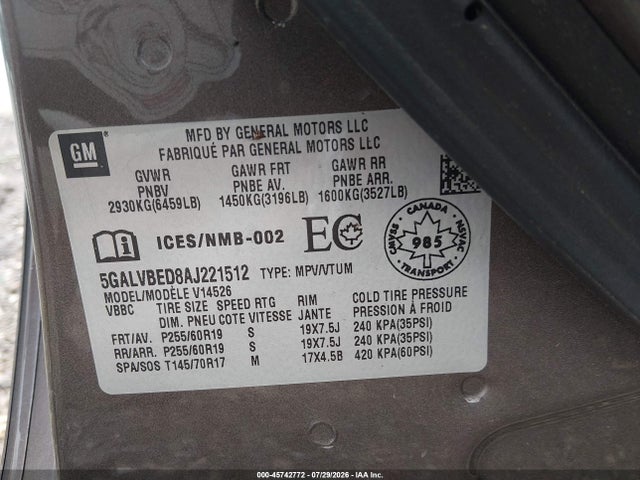 Aukcja sprzedaży 2010 Buick Enclave 1xl, vin: 5GALVBED8AJ221512, numer aukcji: 45742772