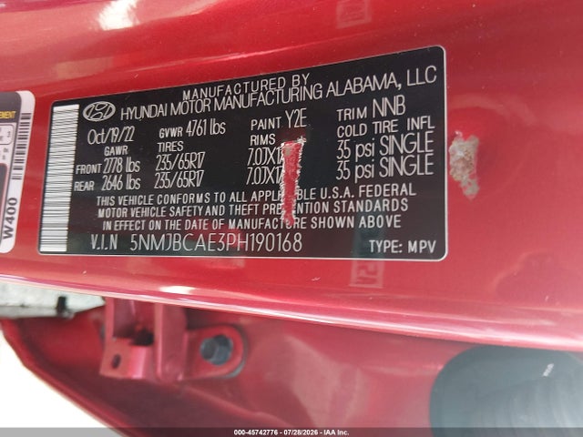 45742776 :رقم المزاد ، 5NMJBCAE3PH190168 vin ، 2023 Hyundai Tucson Sel مزاد بيع