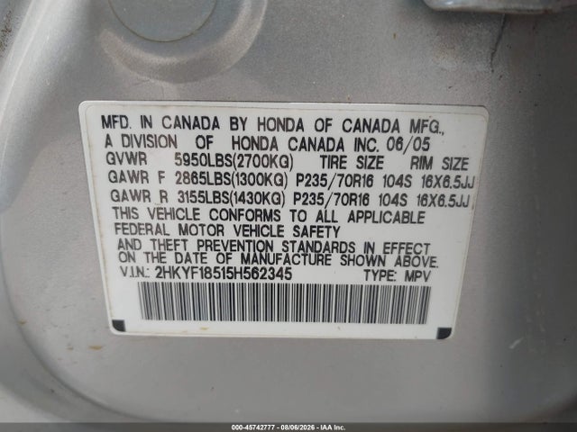 2005 Honda Pilot Ex-l მანქანა იყიდება აუქციონზე, vin: 2HKYF18515H562345, აუქციონის ნომერი: 45742777