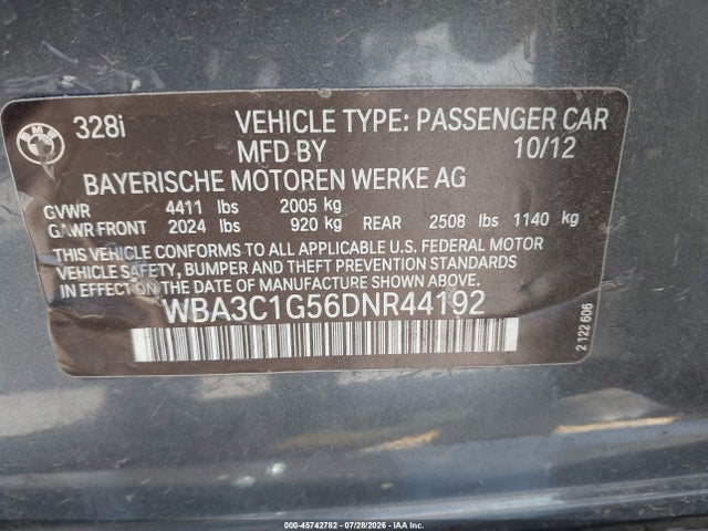 Продажа на аукционе авто 2013 Bmw 328i, vin: WBA3C1G56DNR44192, номер лота: 45742782