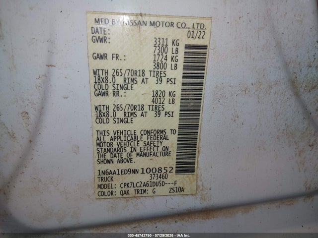 Продаж на аукціоні авто 2022 Nissan Titan Sv 4x4, vin: 1N6AA1ED9NN100852, номер лоту: 45742790