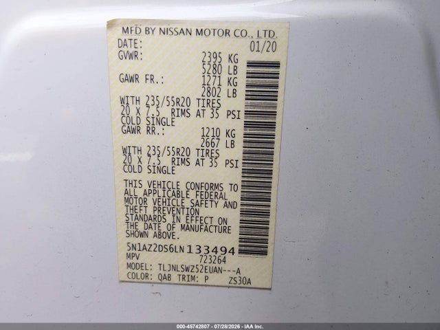 Продаж на аукціоні авто 2020 Nissan Murano Platinum Intelligent Awd, vin: 5N1AZ2DS6LN133494, номер лоту: 45742807