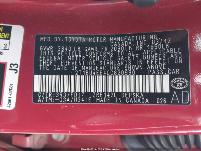 Продажа на аукционе авто 2012 Toyota Corolla S, vin: 2T1BU4EE4CC820990, номер лота: 45742819