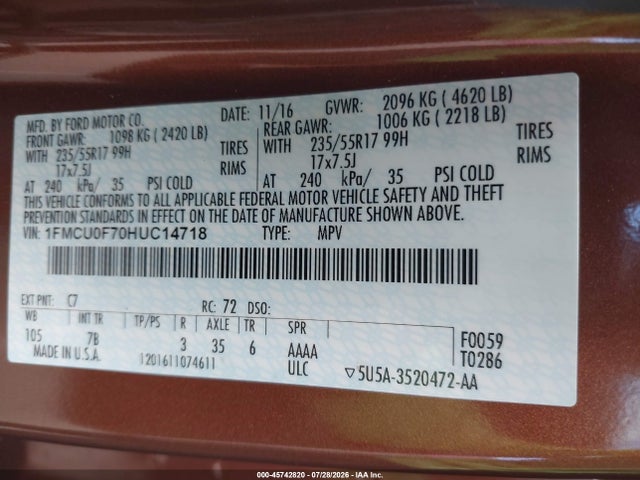 1FMCU0F70HUC14718 Ford ESCAPE S