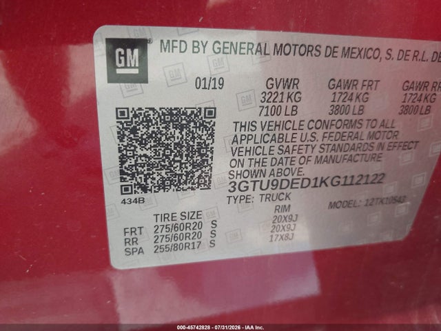 2019 Gmc Sierra 1500 Slt მანქანა იყიდება აუქციონზე, vin: 3GTU9DED1KG112122, აუქციონის ნომერი: 45742828