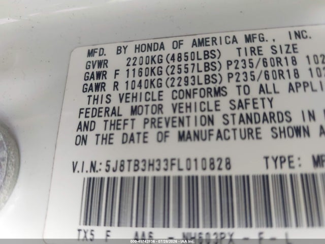 2015 Acura Rdx მანქანა იყიდება აუქციონზე, vin: 5J8TB3H33FL010828, აუქციონის ნომერი: 45742836