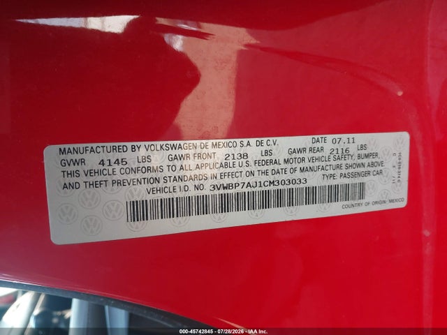 Продаж на аукціоні авто 2012 Volkswagen Jetta 2.5l Se, vin: 3VWBP7AJ1CM303033, номер лоту: 45742845